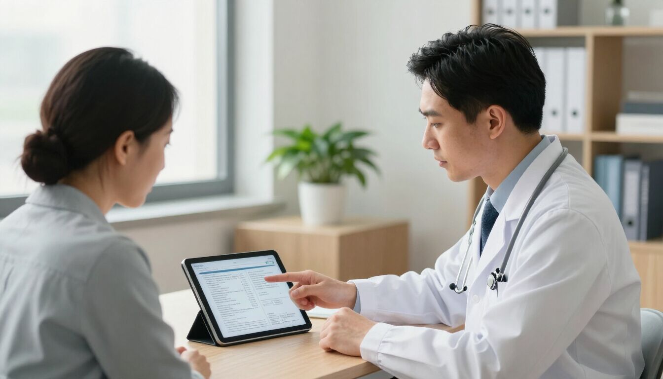 Photorealistic physician reviewing peptide research with a patient in a modern telehealth office