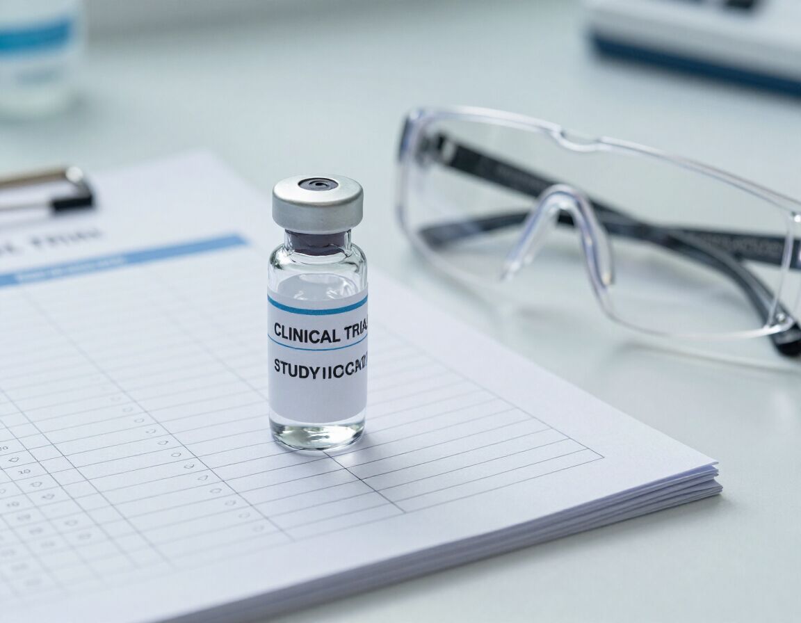 Photorealistic close-up of a labeled medicine vial beside a clinical research checklist and safety glasses