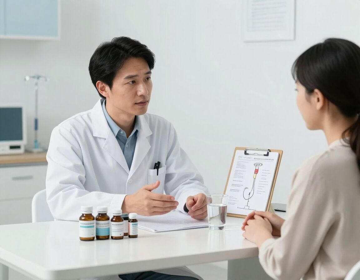 Photorealistic close-up of a sterile wellness consultation with supplement and infusion options