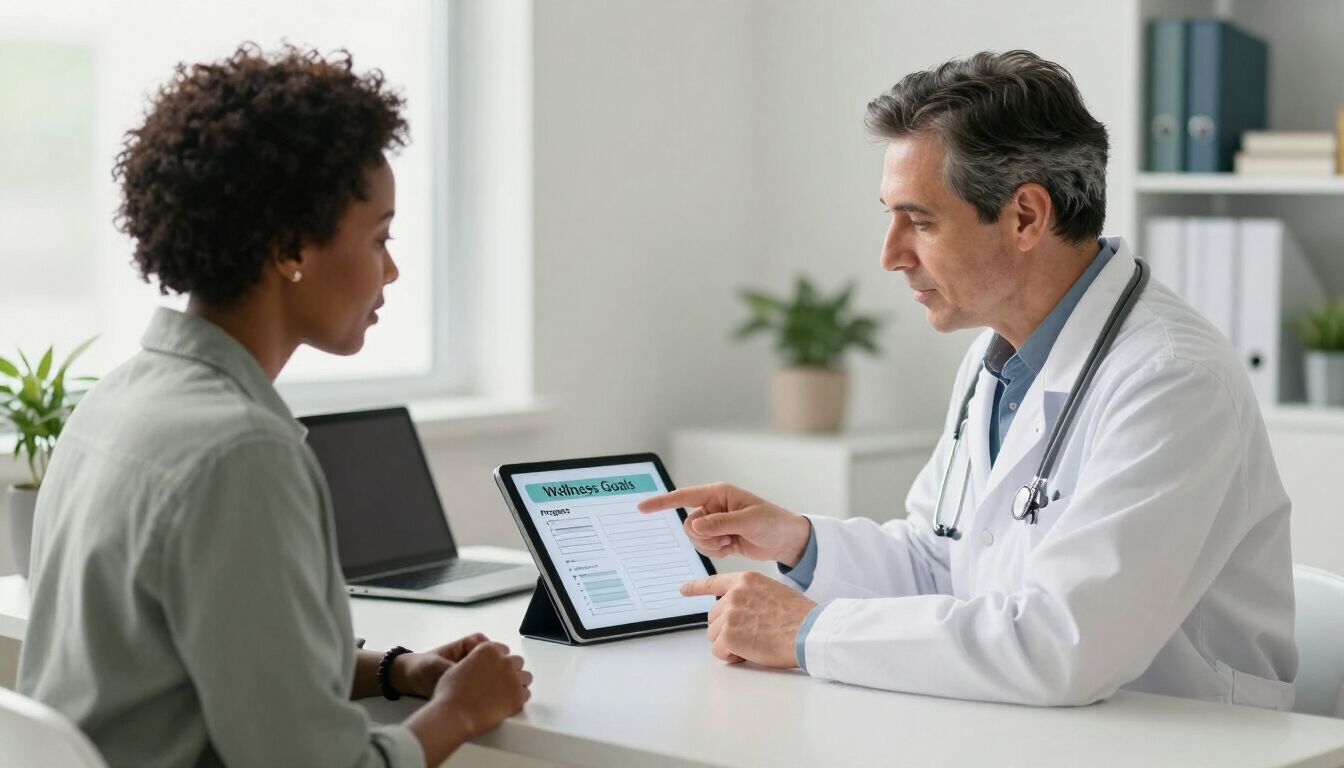 Photorealistic physician reviewing wellness goals with a patient