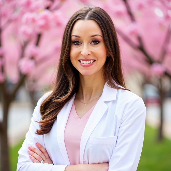 Dr. Long in a white lab coat in front of pink blossoms