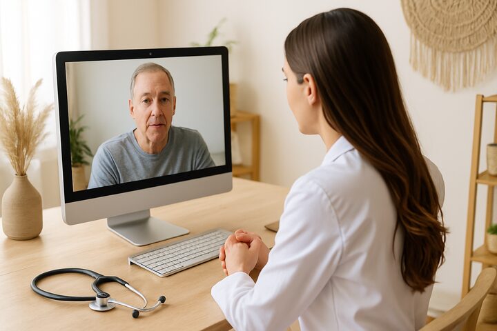 Physician consulting a patient on a computer screen